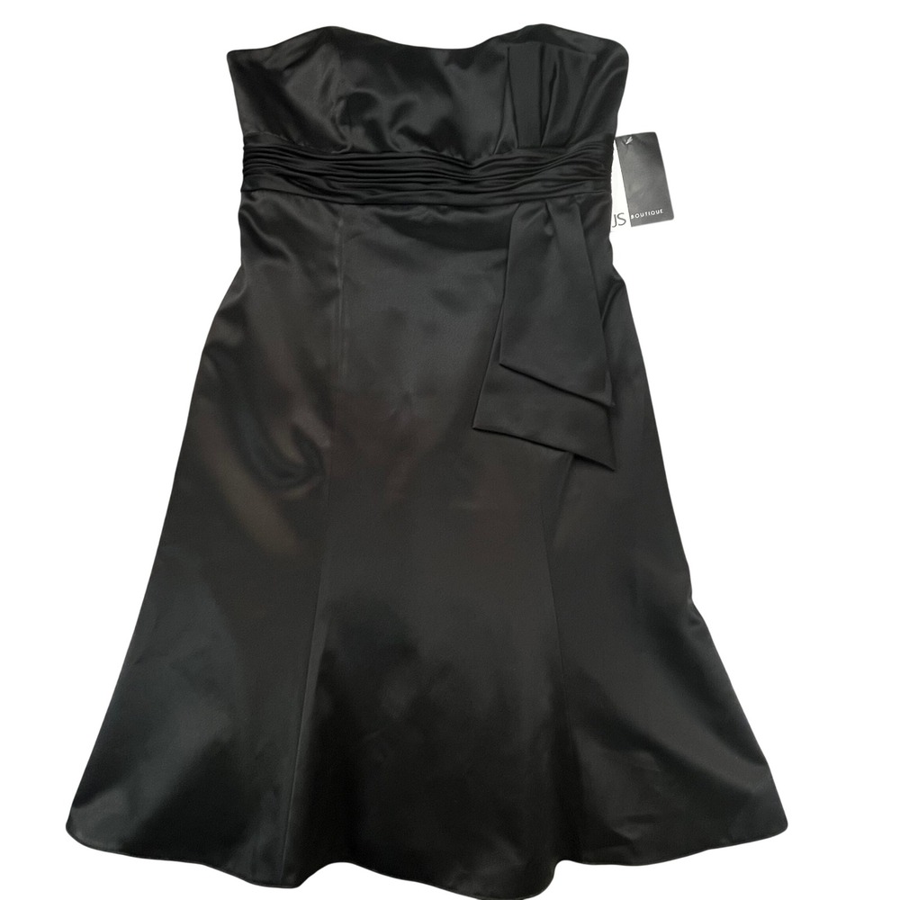 JS Boutique‎ Womens Strapless Cocktail Dress Black Satin Ruched Bow Formal 14